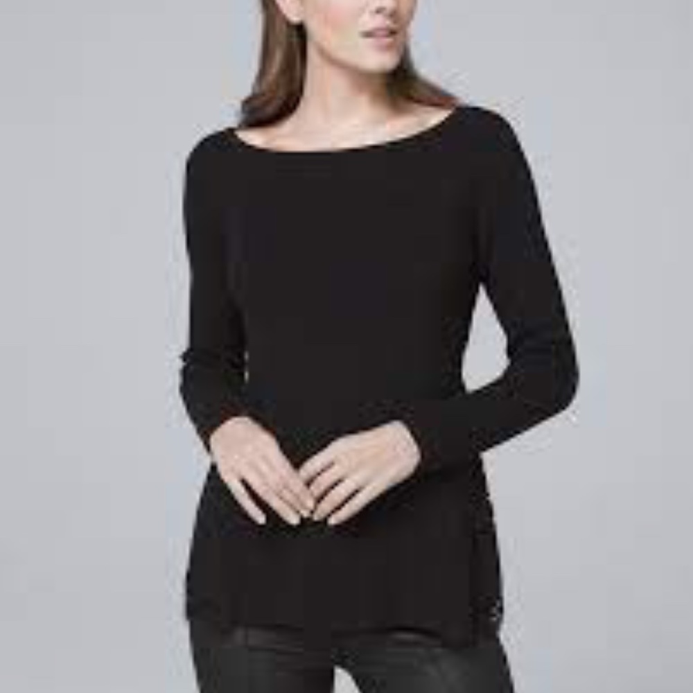 WHBM Black Long Sleeve crochet detail tie back accent Sweater size sm